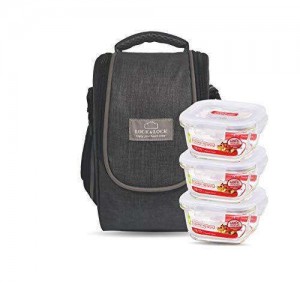 Locknlock Glass Lunch Box With Lunch Bag | (300ml Set x Of 3 Piece) Grey | RXQ-304817