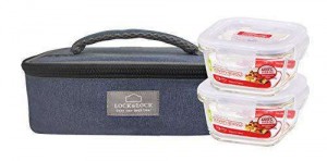 Locknlock Glass Lunch Box With Lunch Bag | ( 300ml x Set Of 3 Piece) Blue | XPF-271849