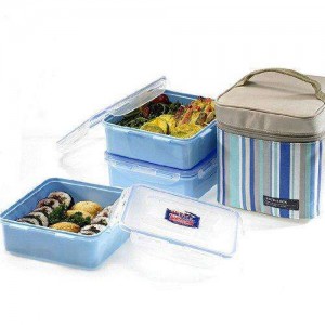 Locknlock Plastic Lunch Box Set With Insulated Stripe Bag, 3 Pieces, Blue | OWD-123960