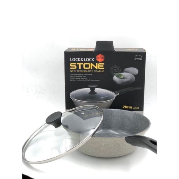 Locknlock Ceramic Marble Coating Stone Wok With Lid, 28 Cm, Grey | PKN-532498