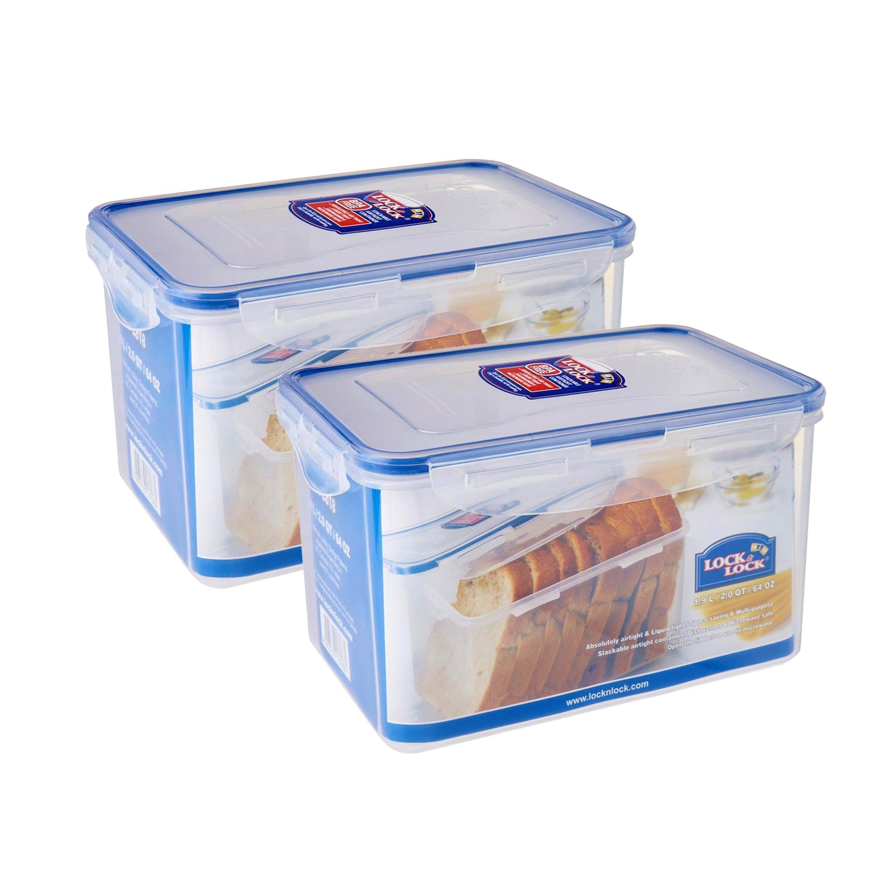 Locknlock Classics Rectangular Plastic Airtight Bread Storage Container, 1.9 Liter, Set Of 2 | JVN-902634