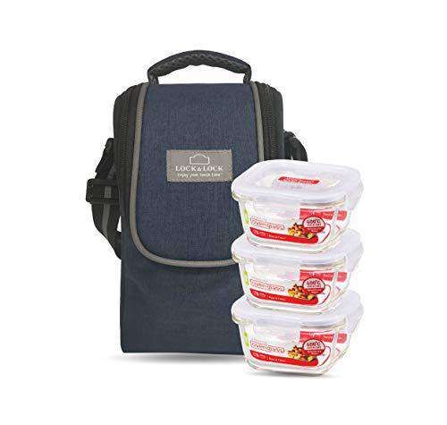 Locknlock Glass Lunch Box With Lunch Bag | (300ml x Set Of 3 Piece) - Blue (Square) | KWG-815369