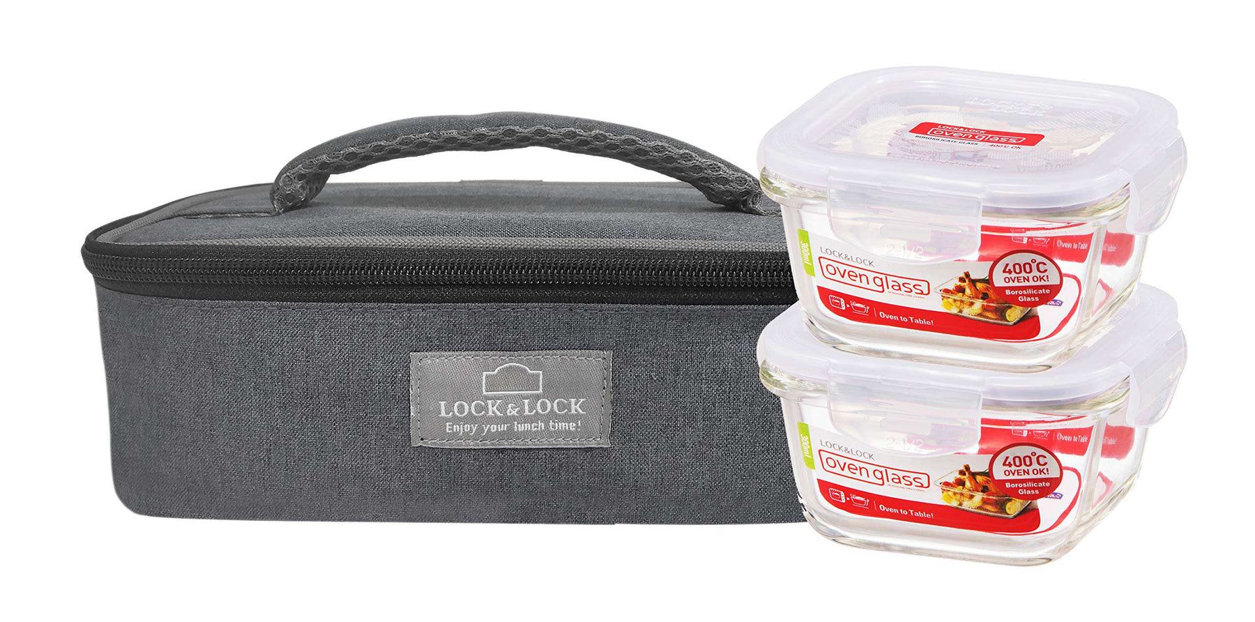 Locknlock Glass Lunch Box With Lunch Bag, 380ml, Set Of 2, Grey | CBR-269510