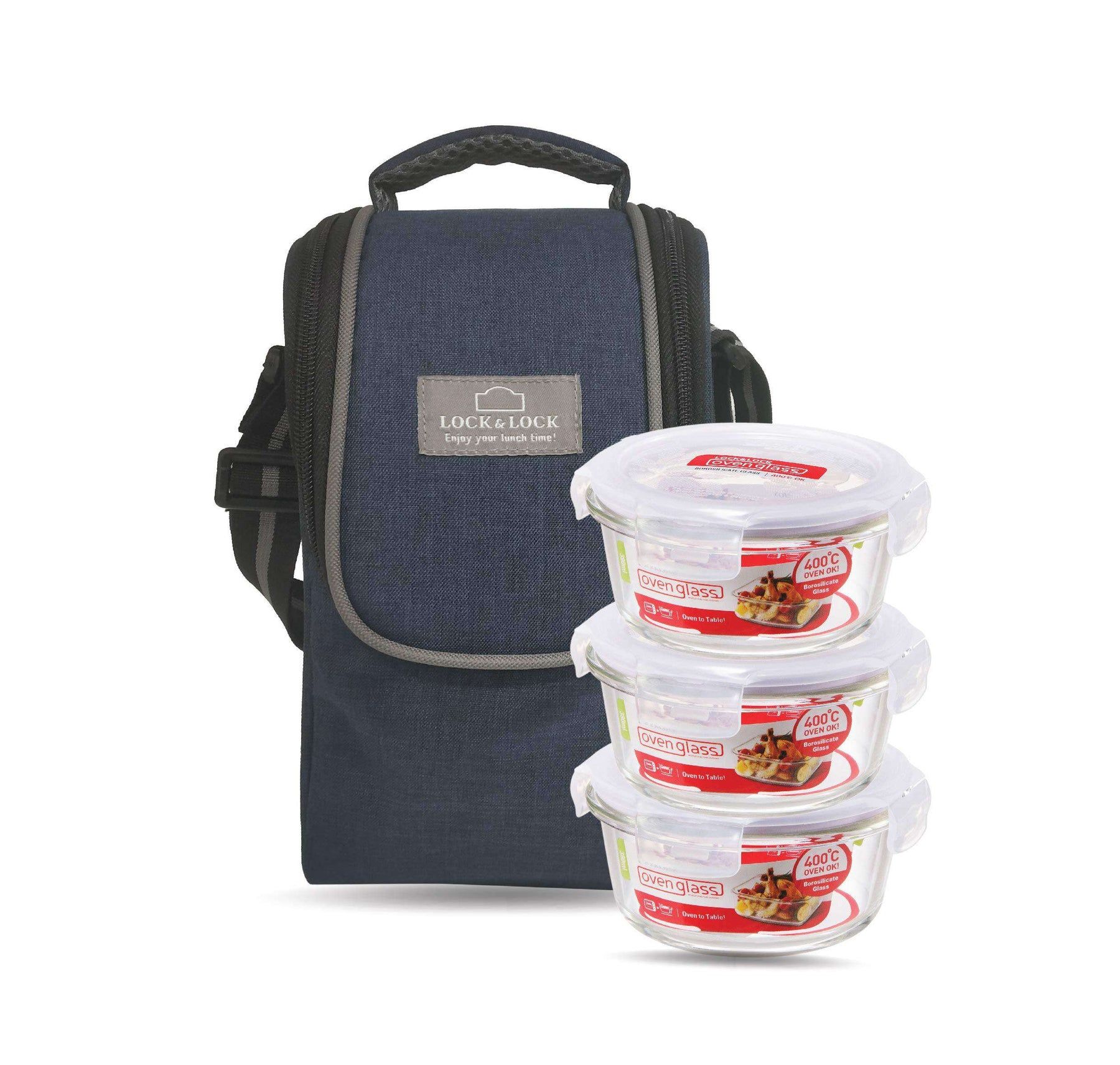 Locknlock Glass Round Lunch Box With Lunch Bag | (380ml x Set Of 3 Piece) - Blue | ULM-180527