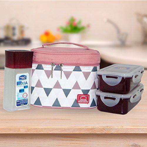 Locknlock Plastic Lunch Box Set With Bag, 3-pieces, Pink | JVN-854692