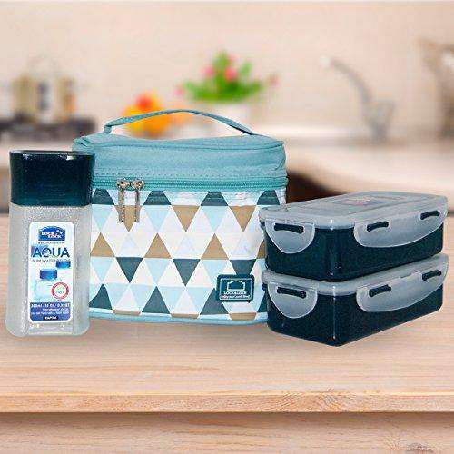 Locknlock Plastic Lunch Box Set With Bag, 3-pieces, Blue | DLE-673509