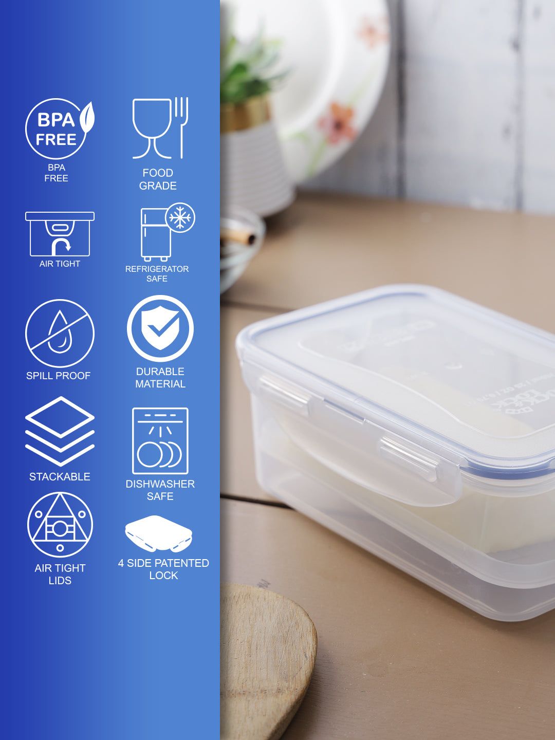 Locknlock Rectangular Plastic Airtight Food Storage Container With Leak Proof Lid, Transparent, (750ml + 1.9ltr) | QND-280539