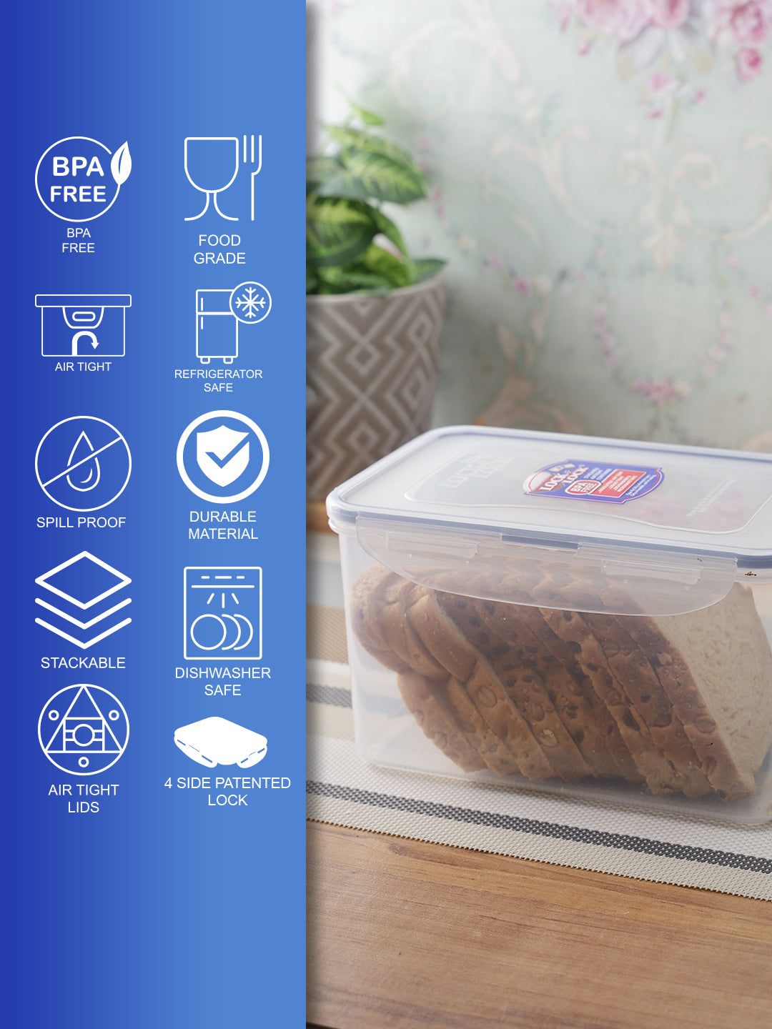 Locknlock Rectangular Plastic Airtight Food Storage Container With Leak Proof Lid, Transparent, (750ml + 1.9ltr) | QND-280539